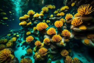Wall Mural - Imagine a surreal underwater scene, where yellow coral reefs are transformed into abstract, glowing structures, teeming with vibrant aquatic life.