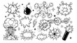 Comic cartoon line bomb explosion. Doodle fight boom and bang effects, black pop drawn explosive elements, explose clouds, sketch shapes. Vector set