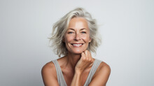 Glamour Older Woman Smiling With Her Hands On Her Chin, Mature Model Assumed His Age With White Hair And Modern Haircut, Naturel Blue Eyes With A Happy Look, White Background 