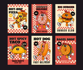  Cartoon fast food poster. Retro cards with mascot food characters. Brochure design with quote text for cafe. Banner with funky pizza, groovy donut and burger vector set