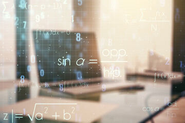 Poster - Creative scientific formula concept on modern laptop background. Multiexposure