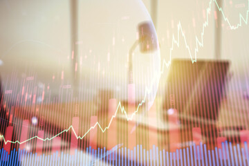 Poster - Multi exposure of abstract financial graph with world map on modern computer background, financial and trading concept