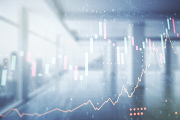 Poster - Multi exposure of virtual creative financial graph and world map on empty corporate office background, forex and investment concept