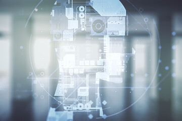 Poster - Double exposure of creative artificial Intelligence hologram on empty modern office background. Neural networks and machine learning concept