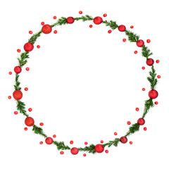 Wall Mural - Christmas fir winter wreath with red bauble and holly berry decorations on white. Festive minimal nature design for greeting card, logo, menu, invitation, Yule, Noel.