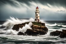 An Old, Weathered Lighthouse Standing Tall Against Crashing Waves On A Rocky Coastline.