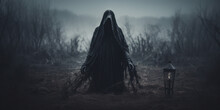 Grim Reaper Standing On A Road At Dusk: A Spine-tingling Image Of Death In A Black Hooded Cloak, Creating A Haunting And Scary Atmosphere Ideal For Halloween.