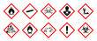 Globally Harmonized System (GHS) Warning Signs.  Flame, gas cylinder, skull and cross bones, health hazards, environment, explosion, oxidizers, corrosion, exclamation mark, radioactive