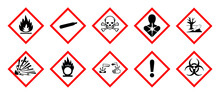 Full Set Of 9 Isolated Hazardous Material Signs. Globally Harmonized System Warning Signs GHS. Hazmat Isolated Placards. Official Hazard Pictograms Standard.