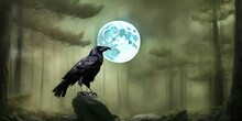 Portrait Mystical Dire Bird Raven, Symbol Of Gothic, Halloween, Fear, By Black Crows Terrible Foggy Forest. Wild Animals Crows Black Silhouette