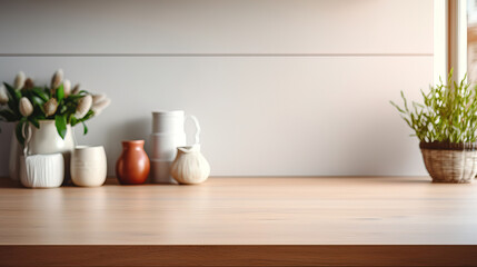 close up of a professionell kitchen counters with blur kitchen cupboards in the back, minimalist sets,  mock-up with empty copy space