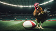 un coq français avec un ballon de rugby sur la pelouse d'un stade, espace pour texte