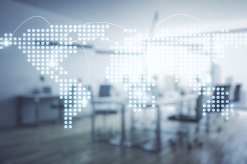 Poster - Double exposure of abstract digital world map hologram with connections on a modern furnished office interior background, big data and blockchain concept