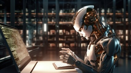 Poster - Robot hominoid using tablet computer for global network connection using AI thinking brain , artificial intelligence and machine learning process for 4th industrial revolution . 3D rendering.