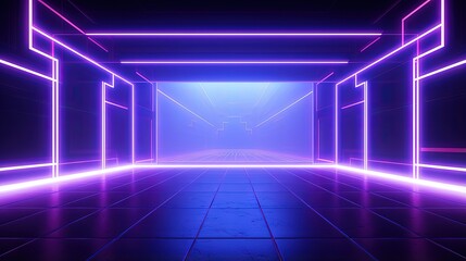 Poster - 3d render, abstract panoramic background with neon lines glowing in ultraviolet spectrum. Empty virtual room, square frame