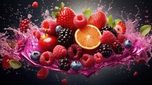 Fruit Burst. Splash Of Juice. Sweet Tropical Fruits And Mixed Forest Berries With Juice Splash 3d Rendered. Raspberries, Blueberries, Black Berries, Floating With Juice Splash. Juice Creative Ad.