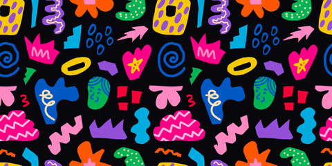 Wall Mural - abstract seamless pattern of colorful hand drawn various shapes, curls, forms and doodle objects. mo