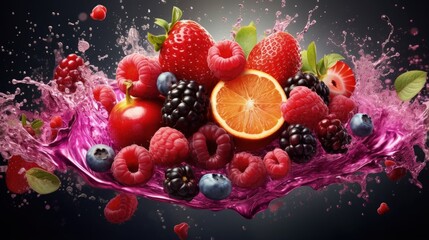 Poster - Fruit burst. Splash of juice. Sweet tropical fruits and mixed forest berries with juice splash 3d rendered. Raspberries, blueberries, black berries, floating with juice splash. juice Creative ad.