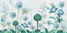 Grass And Flowers Blue Wild Meadow Digital Illustration Of Pale Blue Lotus Flowers On White Background. Mural, Mural For Interior Printing.