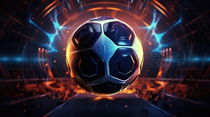 Poster - football 3d object in the abstract background, arena concept design, copy space, 3d illustration, glow neon light text frame, 3d rendering element, soccer game sport, sports equipment, realistic ball