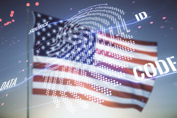Aufkleber - Abstract virtual fingerprint hologram on USA flag and sunset sky background. Multiexposure