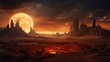 Alien desert world with ruins in the background and a close moon with heavy clouds and rich atmosphere and 3d rendering