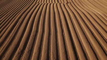 Sticker - Aerial view ; Rows of soil before planting.Furrows row pattern in a plowed field prepared for planting crops in spring.Horizontal view in perspective.