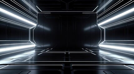 Aufkleber - Futuristic digital hallway space blank gray-black color background with white grid space line color surfaces. Cyber, technology, banners, covers, terrain, sci-fi, frames, and related background.