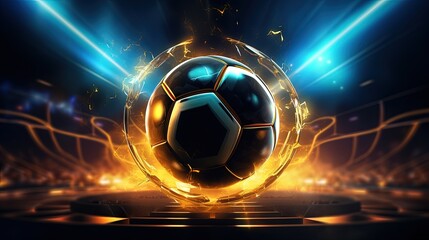 Poster - football 3d object in the abstract background, arena concept design, copy space, 3d illustration, glow neon light text frame, 3d rendering element, soccer game sport, sports equipment, realistic ball