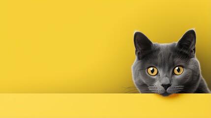 Poster - A cute gray cat on a yellow background, peeking out. A blank, copy space.