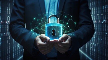 Aufkleber - Smart protection against digital attacks concept.businessman holding internet network security padlock,Cyber security and network data protection,RPA,encryption security of personal data of users.