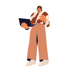 Fototapete - Young woman standing, hold laptop, computer in hand. Online education. Remote work on freelance. Business management. Girl communicate, study in internet. Flat isolated vector illustration on white