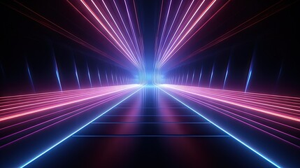 Sci Fy neon glowing lines in a dark tunnel. Reflections on the floor and ceiling. Empty background in the center. 3d rendering image. Abstract glowing lines. Techology futuristic background.