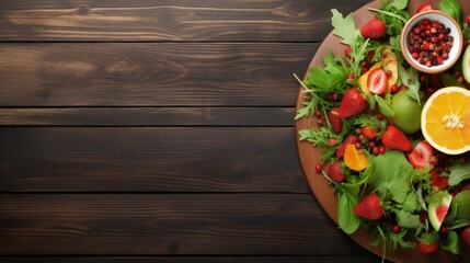 Aufkleber - Fresh salad with fruits and greens on vintage wooden background top view with space for text.