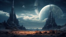 Alien Desert World With Ruins In The Background And A Close Moon With Heavy Clouds And Rich Atmosphere And 3d Rendering