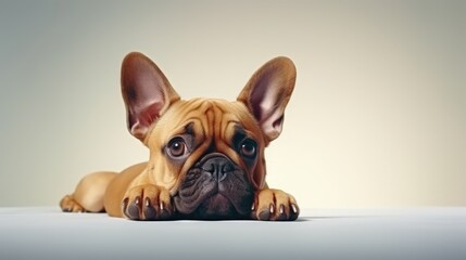 Poster - Funny portrait of cute looking French Bulldog posing isolated over white studio background. Howling pet. Concept of domestic animal, pets, vet, friendship. Copy space for ad, design