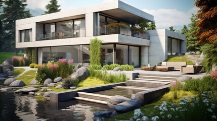 Poster - beautiful modern house in cement, view from the garden