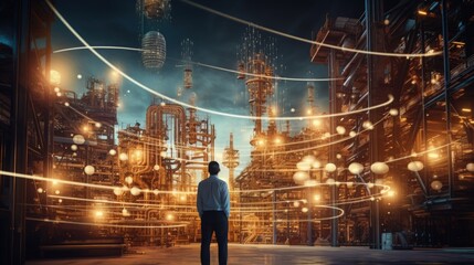 Poster - Industrial IoT is technology with humans to Upskill Reskill, IIoT, Digital Transformation. Ai connection automation to global cyber network concept. Technology in future can support all business 4.0