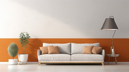 Aufkleber - Living room wall mockup in bright tones with have sofa and lamp with white wall background.3d rendering