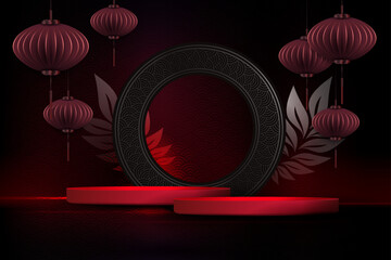 Canvas Print - Dark red illustration with lanterns round frame and podium