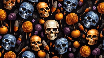 Sticker - Cartoon Halloween candy seamless skulls and lollipop pattern for wrapping paper and fabrics and kids clothes print and festive packaging and autumn accessories