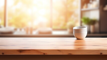 Poster - Empty beautiful wood table top counter and blur bokeh modern kitchen interior background in clean and bright,Banner, Ready for product montage