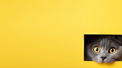 Poster - A cute gray cat on a yellow background, peeking out. A blank, copy space.