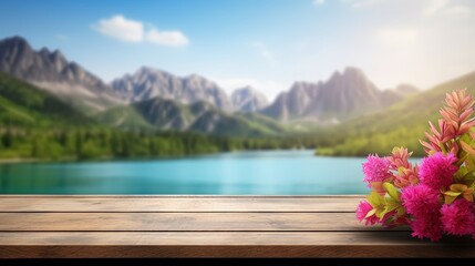 Poster - empty wooden table decorated with colorful flowers. Blurred lake and mountain view background. copy space. For product displays. templates, media, printing, etc., generate ai