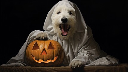 Aufkleber - dog in a ghost costume holding a pumpkin in mouth