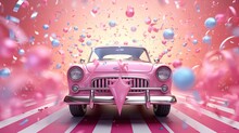 Carnival Car Surrounded By Stars And Ribbons On A Pink Background.-3d Rendering.