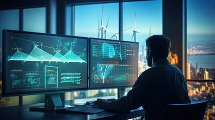 Aufkleber - Engineer view a dashboard hud The program shows the total power generated by wind turbines and displays them on the hologram screen. Clean energy technology and renewable energy.