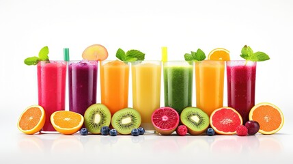 Poster - Assortment of fresh fruits and vegetables juices in rainbow colors isolated on white background