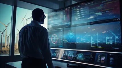 Aufkleber - Engineer view a dashboard hud The program shows the total power generated by wind turbines and displays them on the hologram screen. Clean energy technology and renewable energy.