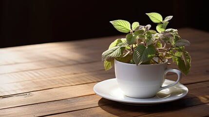 Aufkleber - white coffee cup and Coleus plant on wooden table